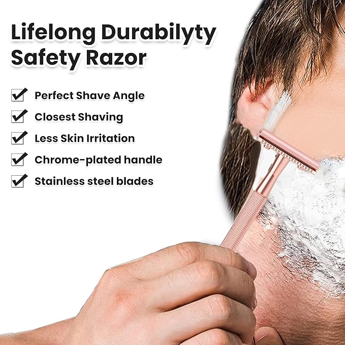 Keropy Double Edge Safety Razor For Woman With Stand and 10 Premium Stainless Steel Reusable Safety Razor, Razors For Shaving, Rose Gold