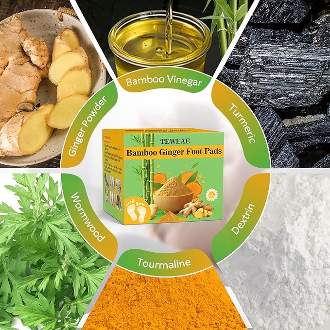 TEWEAE 62 Pads Ginger Foot Pads, Natural Turmeric & Ginger, Wormwood, Bamboo Vinegar, for Winter Better Sleeping, Included 62Pads Goodnight Patches and 62 Adhesive Sheets