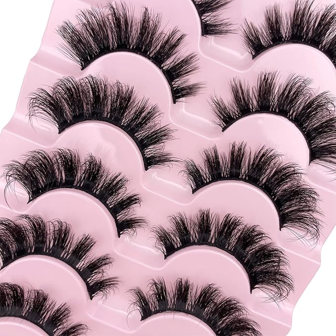 Natgluzie Eyelashes Wispy Lashes Strips - Russian D Curl Strip lashes, 3D Volume Mink Eyelash for Dramatic Look, 7-Pairs Fluffy False Eyelashes
