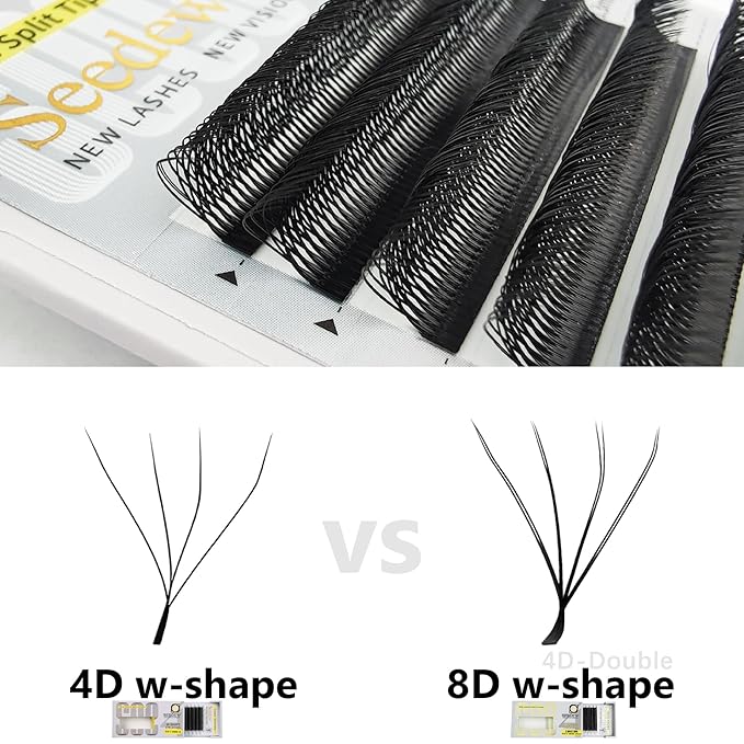 SEEDEW 4D-Double Tips Lash Extensions, 0.07mm C Curl 10mm 12 Rows/Tray, W Shape 4DD Flat Stem, PBT Volume False Eyelashes for Beginner Artist, Lash Tech, Beauty Salon(4DD-Matte Black-0.07-C-10mm)
