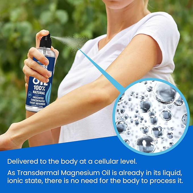 Pure Magnesium Oil Spray 4oz - Topical Magnesium Spray for Sleep Extra Strength - Less Sting - Less Itch - 100% Natural and Organic Oil - Made in USA