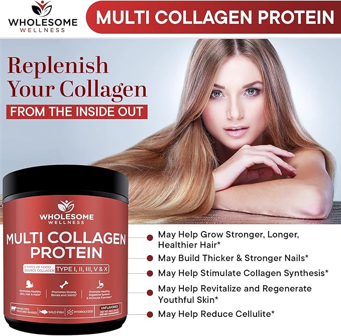 Wholesome Wellness Premium Multi Collagen Peptides Powder for Women and Men | 5 Types of Hydrolyzed Collagen | Grass-Fed, Non-GMO & Unflavored | Pure Protein for Youthful Skin & Joint Recovery