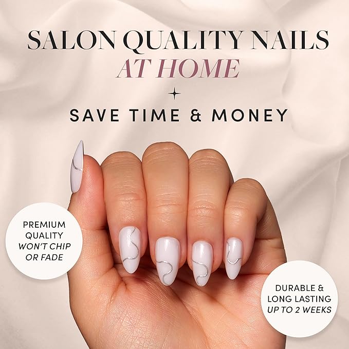 Glamnetic Press On Nails - Silent Night | Short Almond White Nails with 3D Silver Foil in a Glossy Finish | 15 Sizes - 30 Nail Kit with Glue
