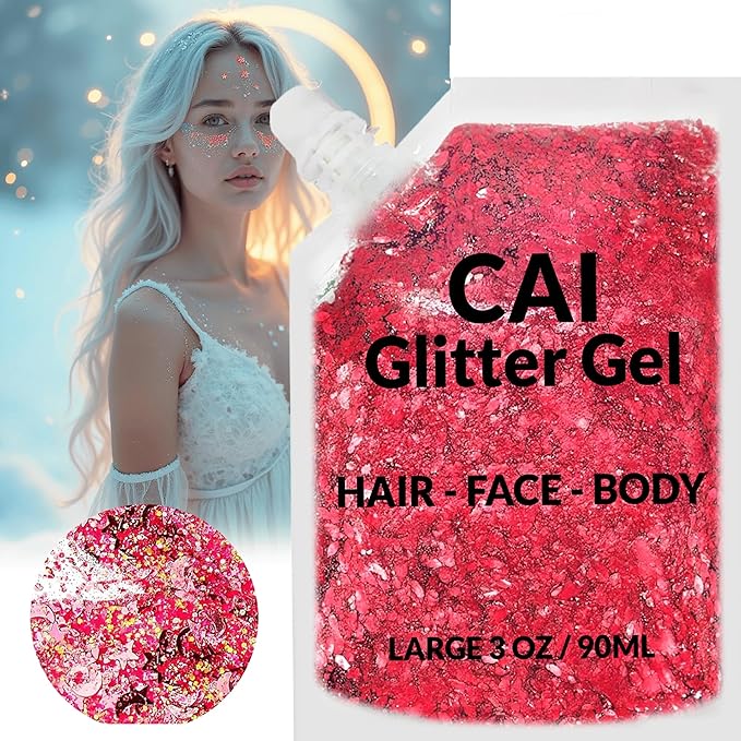 Face, Body & Hair Glitter Gel – Halloween Glitter for Kids and Women – 3 Oz Cosmetic-Grade Gel w/Moon & Stars for Festivals & Halloween Party, Easy Apply & Wash Off - Red 2Pack