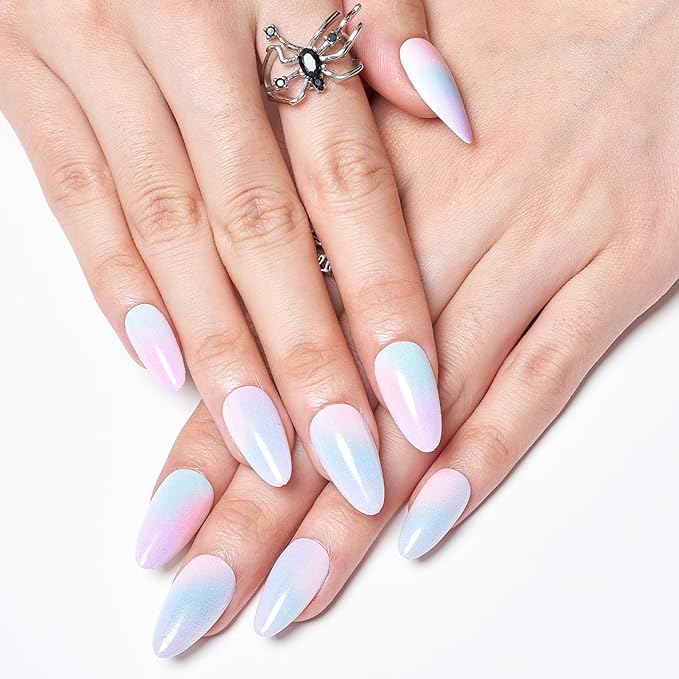 GLAMERMAID Press on Nails Medium Almond, Purple Blue Ombre Gel Glue on Nail, Colorful Cloud Glossy Short Stiletto Reusable UV Finish Fake Nails, Hazy Acrylic False Nails Manicure Kits for Women