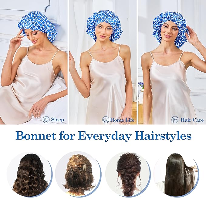 Silk Satin Bonnet for Sleeping Hair: Women Sleep Night Wrap Cap for Straight Wavy Curly Coily Kinky Natural Hair Head by Tie Band - Blue & White Checkered + Pink