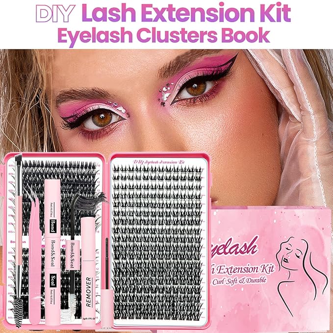Qiveaory DIY Lash Extension Kit 567 Pcs Individual Lashes Clusters with Wispy lashes,Lash Bond and Seal,Eyelash Remover Tweezers Brush Eyelash Extension Set Lash Books DIY at Home