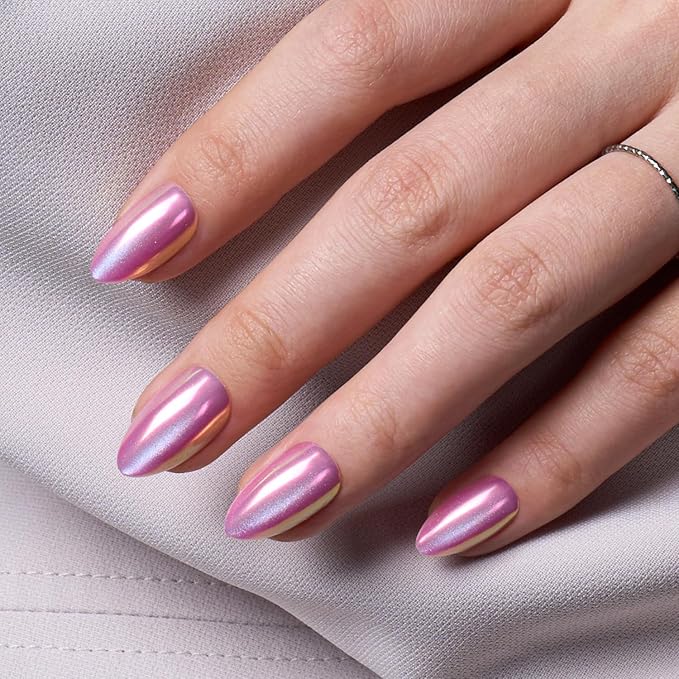 VSALON Press on Nails Short Almond - Pink Cat Eye Chrome Nails Kit for Women, Halloween Reusable Aurora Effect Opaque Gel Fake Nails with Glue & Cuticle Oil - 32 PCS Stick On Nails in 16 Sizes