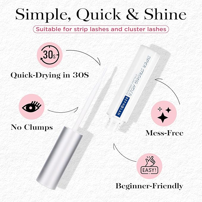 BEPHOLAN Sensitive Eyelash Glue, Super Strong Hold for False Eyelashes, Lash Glue, Eyelash Adhesive, Latex Free, Suitable for Sensitive Eyes, Waterproof, White 0.176 oz