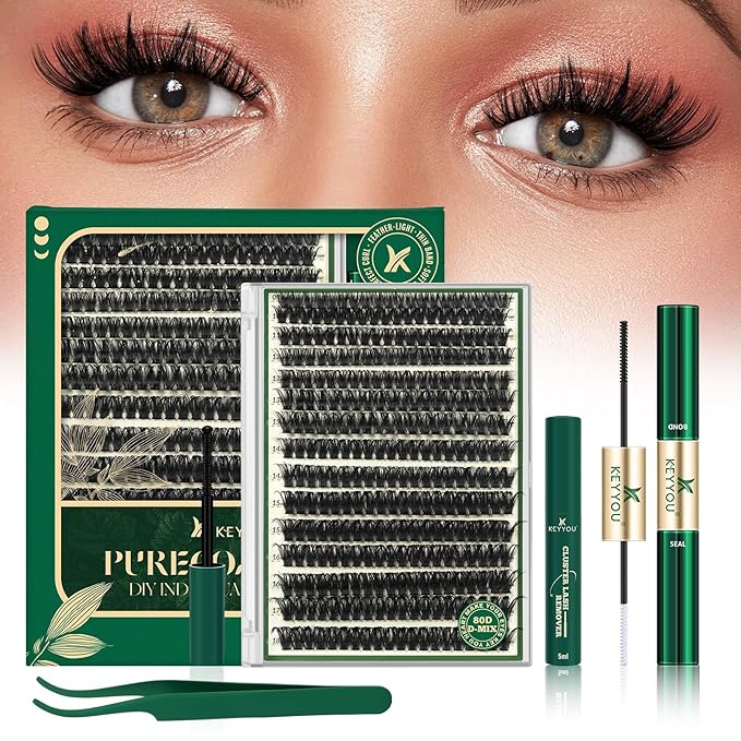 KEYYOU DIY Lash Extension Kit 300pcs 80D D Curl Soft Lash Clusters Easy to Apply with Lash Bond and Seal Applicator and Remover Eyelash Extension Kit at Home(RMkit-80D-D-9-18mix)