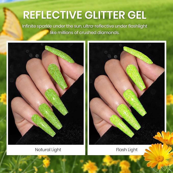 Beetles Green Gel Nail Polish Set, Winter Gel Polish Nail Kit 6 Colors Yellow Glitter Cat Eye Jelly with Cat Eye Magnet UV LED Needed Gifts for Women DIY Manicure Art Summer Beats