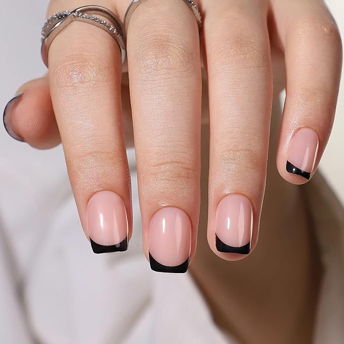 RPNZL Press On Nails - Eclipse | Black French Tip, UV Finish Short Square Nails, Reusable | 32 Nails, 16 Sizes Kit with Glue and Adhesive Tabs I Female Founded
