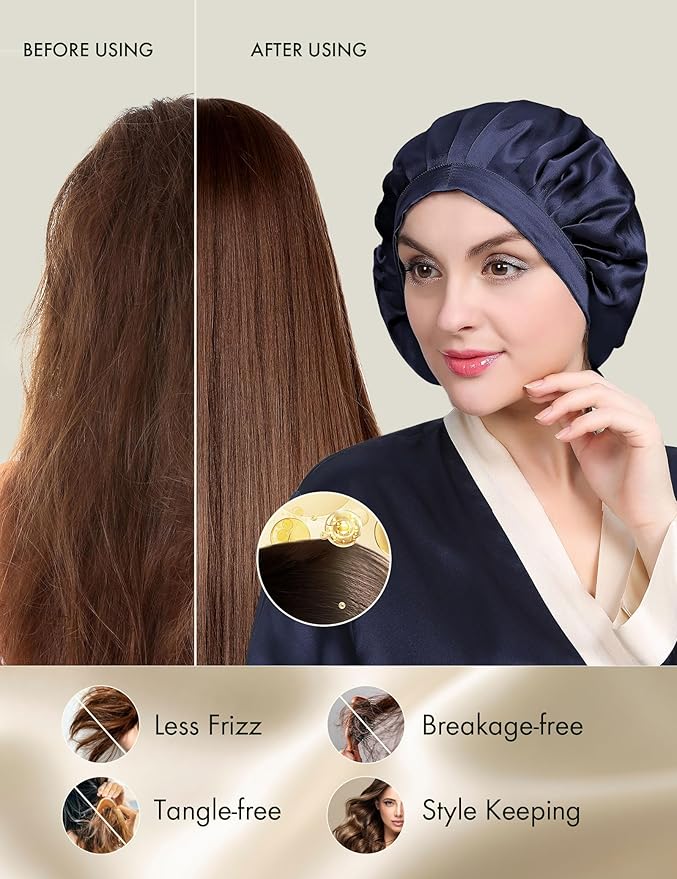 LILYSILK 100% Mulberry Silk Bonnet, Silk Night Sleep Cap Adjustable Hair Wrap for Sleeping, Deep Blue