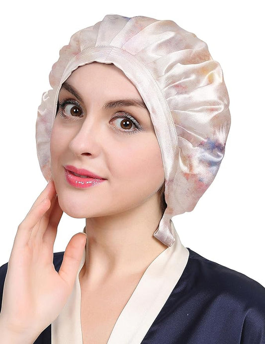 LilySilk 100% Mulberry Silk Bonnet, Silk Night Sleep Cap Adjustable Hair Wrap for Sleeping, Pink Purple Water