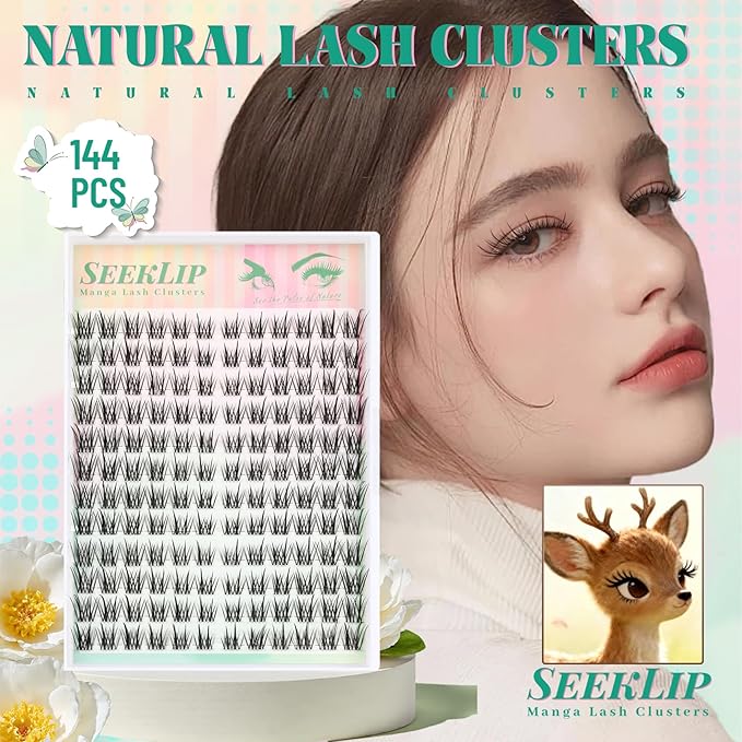 Lash Clusters Manga Natural Clear Band Deer Eyelash Clusters Wispy C Curl 144PCS 8-18MM Mixed Anime Individual Lashes Left & Right Spiky Eyelash Extensions for DIY Doe Eyed at Home (Spark)