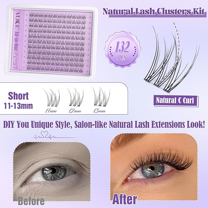 Natural Lash Clusters Kit Invisible Band Wispy Lash Extensions Kit Short 11-13mm DIY Eyelash Extensions Individual Cluster Lashes Kit with Lash Remover by ALICE