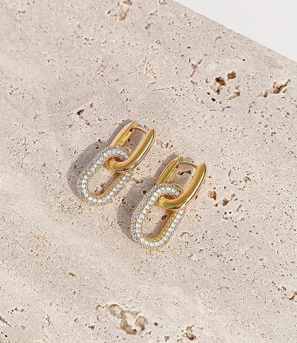 OZEL 14K Gold & Silver Plated Paperclip Chain Earrings with Cubic Zirconia – Dangle, Hoop, Huggie, Stud Styles – Women’s Fashion Jewelry Gift