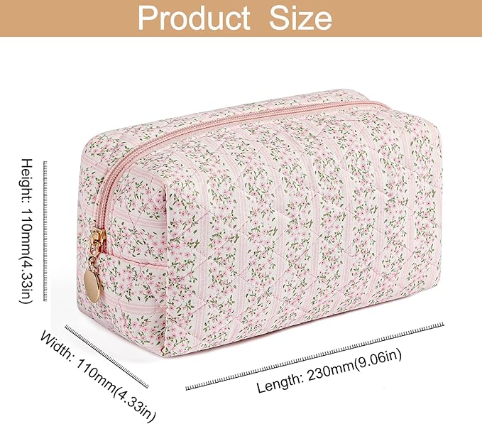 Makeup Bag Travel Cosmetic Bag for Women Girls, Zipper Make Up Pouch, Floral Flowers Toiletry Organizer Makeup, Portable Storage Bag, Cosmetic Travel Cloth Bag (Pink+Large Blue Flowers)