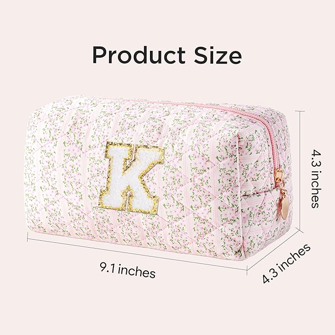 HBselect Initial Makeup Bag for Women, Pink Cosmetic Travel Toiletry Bag, Flowers Zipper Make Up Pouch Organizer Teen Girl Gifts Trendy Stuff K