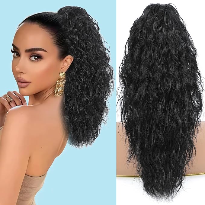 Ponytail Extension, Claw Clip on Pony tails Hair Extension for Women 18 Inch Long Wavy Curly Fake Ponytail Clip in Hair Pieces for Women Fluffy Natural Looking (Black, 18 Inch)