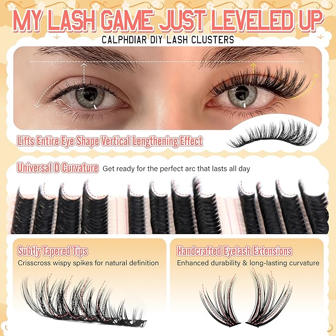 Lash Clusters Kit 30D-100D Wispy Eyelash Extension Kit 474pcs Individual Lashes 8-16MM Cluster Eyelash Extensions DIY Lash Extension Kit D-Curly Eyelash Clusters with Lash Bond and Seal Lash Tweezers