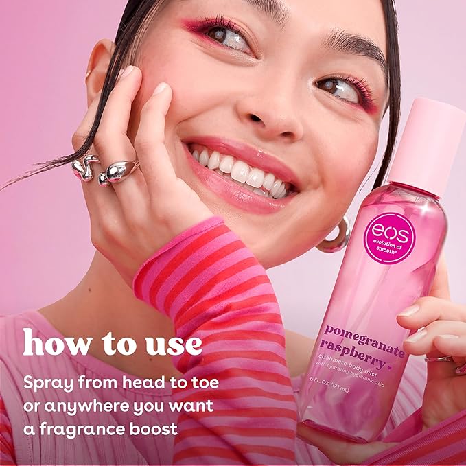 eos Cashmere Body Mist, Pomegranate Raspberry, Body Spray for Women, Hair Mist, Fruity, Moisturizing, Hyaluronic Acid, Glycerin, Vegan, Cruelty-free, 6 fl oz