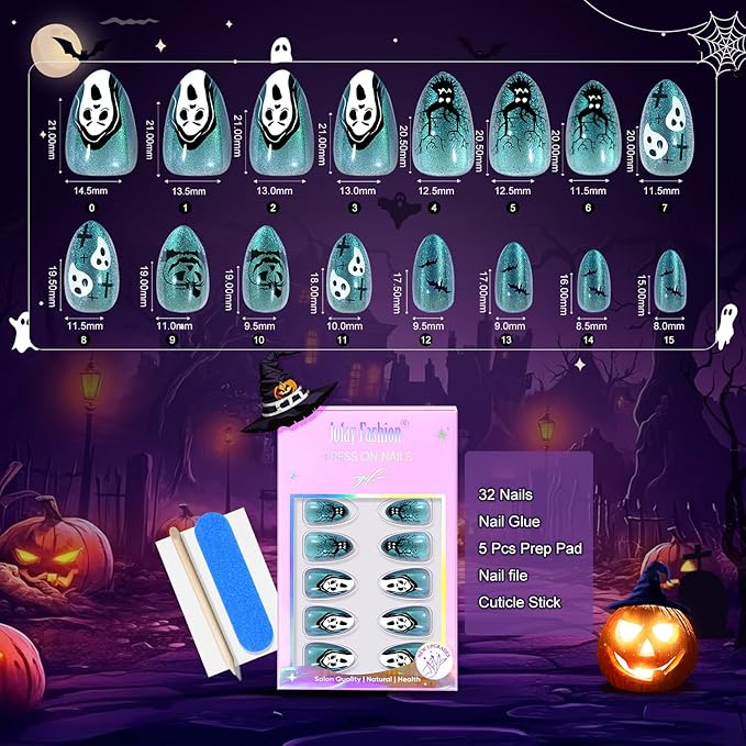 Halloween Press On Nails Short Almond - Haunted Harvest, Green Cat Eye Halloween Nails, Acrylic Square Halloween Fake Nails with Nail Glue, Stick On Nails in 16 Sizes - 32 PCS Soft Gel Kit
