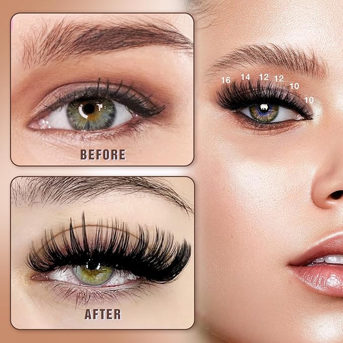 AILAISHI Lash Clusters Kit, DIY Cluster Eyelash Extensions 9‑16mm, 60D+80D+100D, 224pcs Fluffy D Curl Natural Lashes with Bond & Seal,Remover,Tweezers,Brush–Fake Cat Eye Individual Clusters