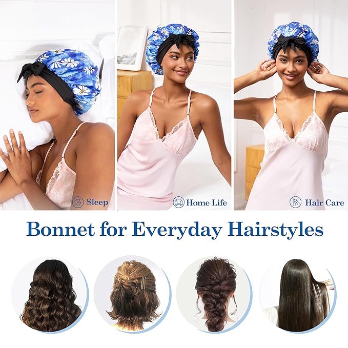 Tie Band Silk Satin Bonnet for Sleeping Hair: Women Sleep Night Wrap Cap for Straight Wavy Curly Coily Kinky Natural Hair Head - Daisy