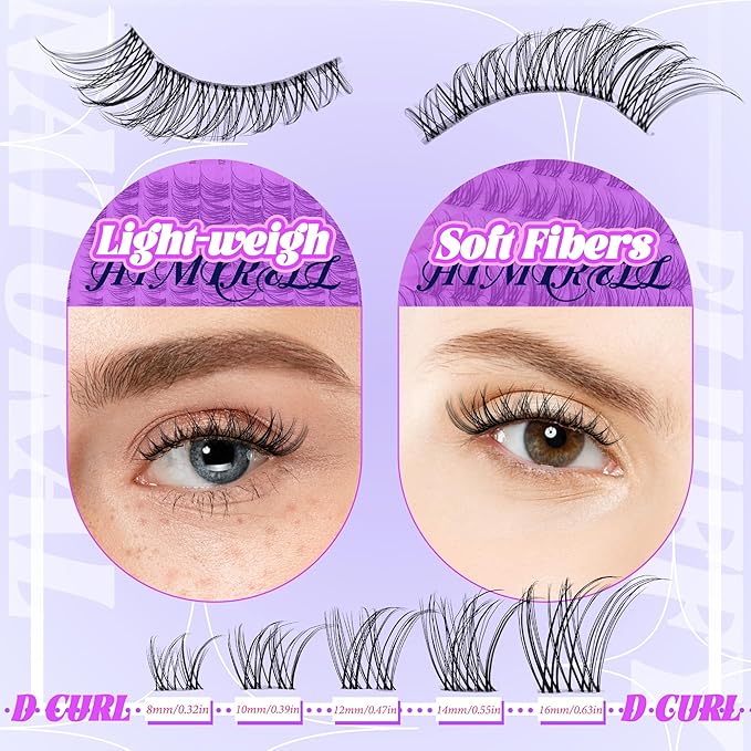 Wispy Natural Lash Clusters Kit Natural Lash Invisible Lash Band Cluster Eyelash Extensions Kit 8-16mm Individual Lashes Extension DIY D Curl Eyelash with Waterproof Clear Lash Band Clusters