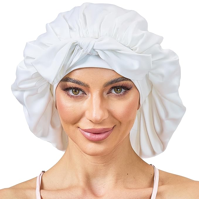 Silk Satin Bonnet for Sleeping Hair: Women Sleep Night Wrap Cap for Straight Wavy Curly Coily Kinky Natural Hair Head by Tie Band - Pure White Dould Side