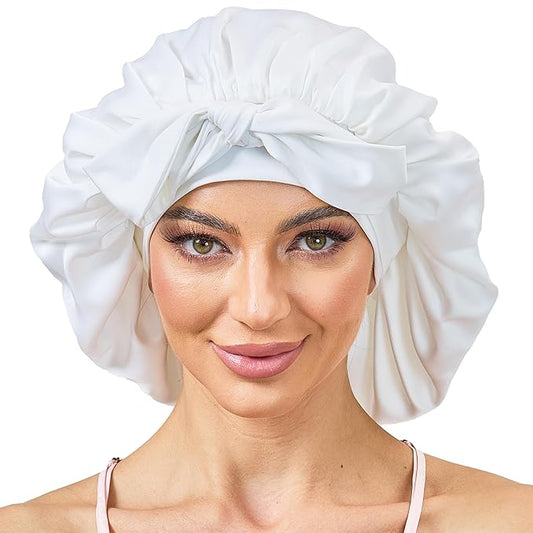 Silk Satin Bonnet for Sleeping Hair: Women Sleep Night Wrap Cap for Straight Wavy Curly Coily Kinky Natural Hair Head by Tie Band - Pure White Dould Side