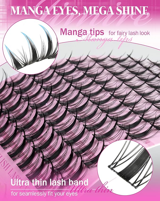 Manga Lash Clusters Natural Look Wispy Lashes Clusters Anime D-Curly Cluster Eyelash Extensions 110 Pcs 8-16MM Fairy Individual Cluster Lashes Wet-Look Lash Extensions