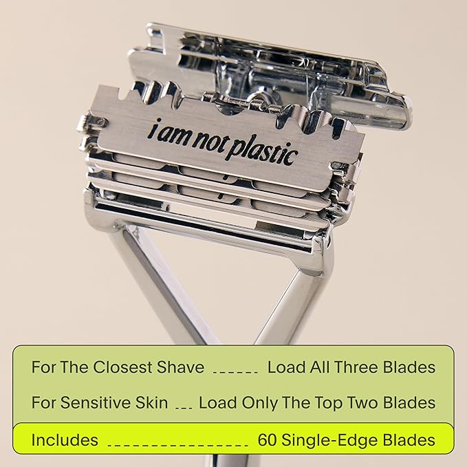 Leaf Shave | Leaf Razor Set, All-Metal Safety Razor with Pivoting Head & Adjustable Blade Loading, Includes Matching Stand, 50 Single-Edge Refills, and Recycling Bank for Used Blades - Mercury