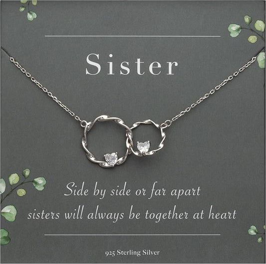 Suavell Sister Necklace - Sterling Silver Interlocking Double Circle Necklace - Birthday Gift for Sister - Maid of Honor Gift