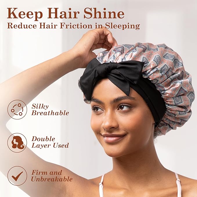 Tie Band Silk Satin Bonnet for Sleeping Hair: Women Sleep Night Wrap Cap for Straight Wavy Curly Coily Kinky Natural Hair Head - Bohemia