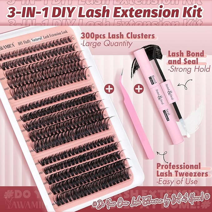 Yawamica Lash Extension Kit Wispy Volume Lash Clusters 40D+50D+60D Individual Lashes 10-18mm Eyelash Extension Kit D Curly 300pcs Eyelash Clusters with Waterproof Lash Bond and Seal and Lash Tweezers