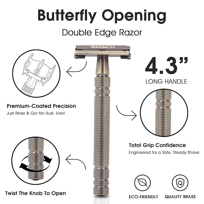 Premium Brass Double Edge Safety Razor Kit, Heavy Duty Anti-Rust Shaver for Classic Wet Shave - Luxury Shaving Gift for Him, Dad - High-End Reusable Razor Set - Bronze