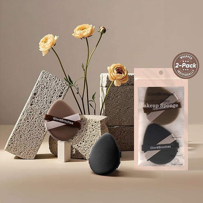 Makeup Sponge Set, GloréBrochas 2PCS Micro Porous Low Absorption Foundation Sponges, Latex-Free PU Cushion Puff, 3.2inches Soft Dual-Sided Powder Puff for Face Powder, Black&Brown