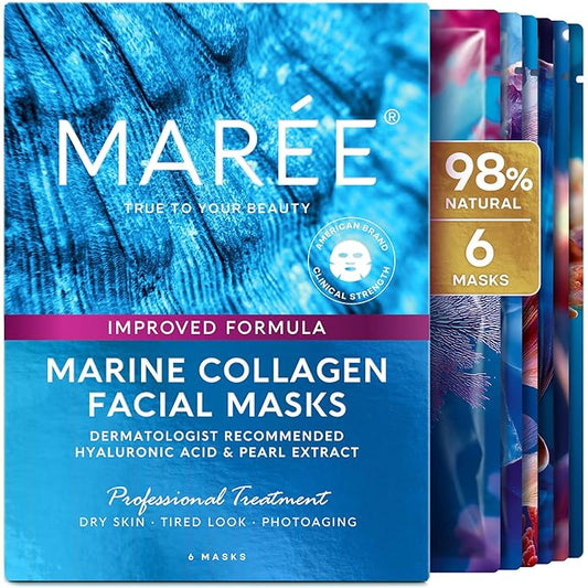 MAREE Collagen Facial Mask with Hyaluronic Acid — Sheet Face Mask Skincare — Centella Asiatica, Green & Red Algae Extract — Hydrating Facemask For Women Skin Care — Mascarillas Para La Cara — 6 Count