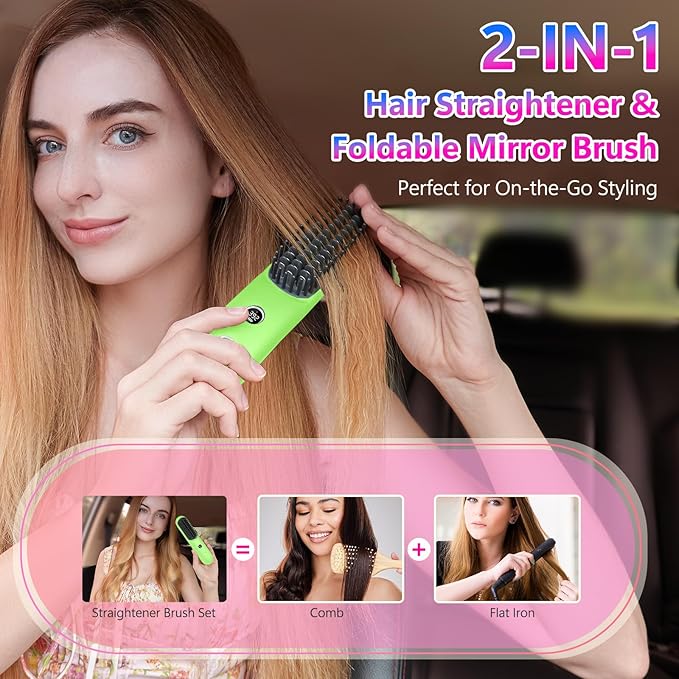 STUDLLY LCD Screen Cordless Hair Straightener Curler 2 in 1, Portable Mini Hair Straightening Brush for Travel Negative Ionic Fast Heating Hot Comb for Women, Folding Brush with Mirror, Green