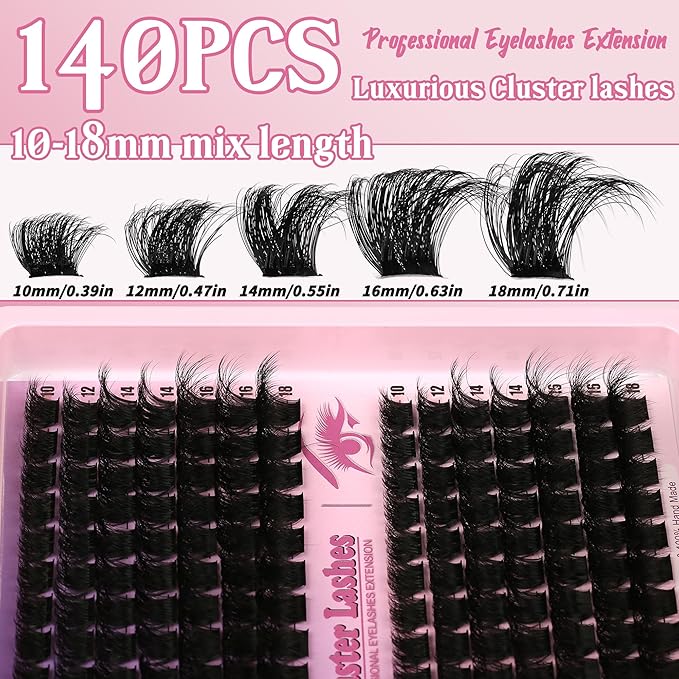 D Curl Lash Clusters Extensions 140 Pcs Individual Eye lash Clusters 200D Cluster Eyelash Clusters Lashes Makeup at Home - DIY Lash Extension Kit for Self Application (9-18MM) Mix