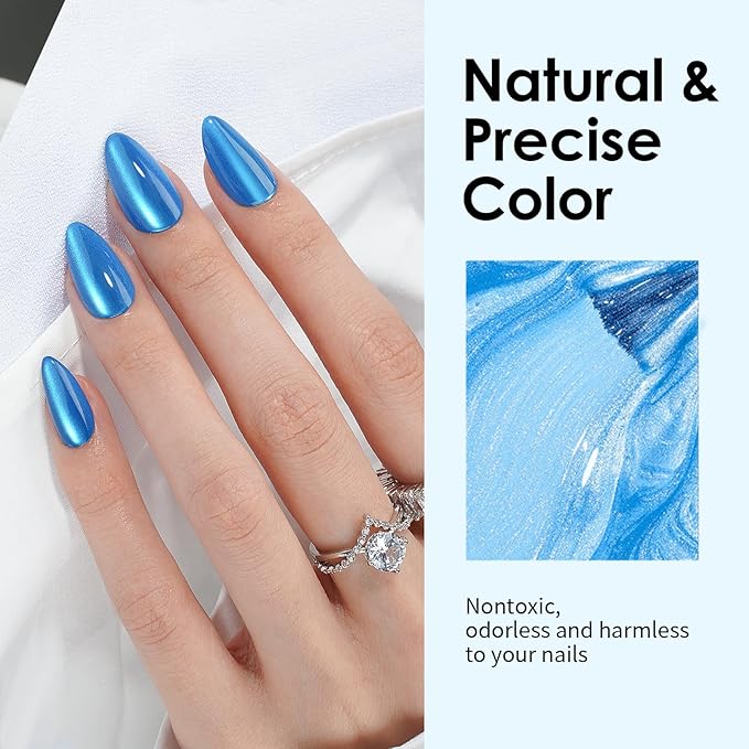 Canvalite Short Almond Press On Nails, 30Pcs Press on Nails Cat Eye Reusable Acrylic Fake Nails with Glue & Glue Remover Easy to Use Manicure Kit for Women, Blue