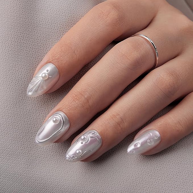 VSALON Press-On Nails Short Almond - 42 PCS Pearl White 3D Metallic Fake Nails for Women, 32 Main Nails in 16 Sizes &10 Champagne Alternative Nails - Reusable Glue on Nails Set with Tool Kit