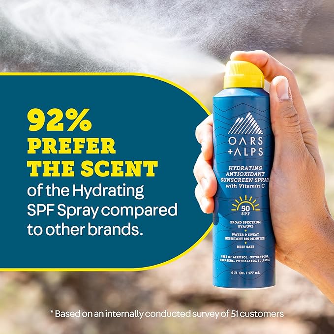 Oars + Alps Sunscreen Spray for Face & Body Spray Sunscreen Infused with Vitamin C & Antioxidants, No White Residue, Water & Sweat Resistant, All Skin Types, Lightweight, Hydrating, SPF 50, 6 Oz, 2pk