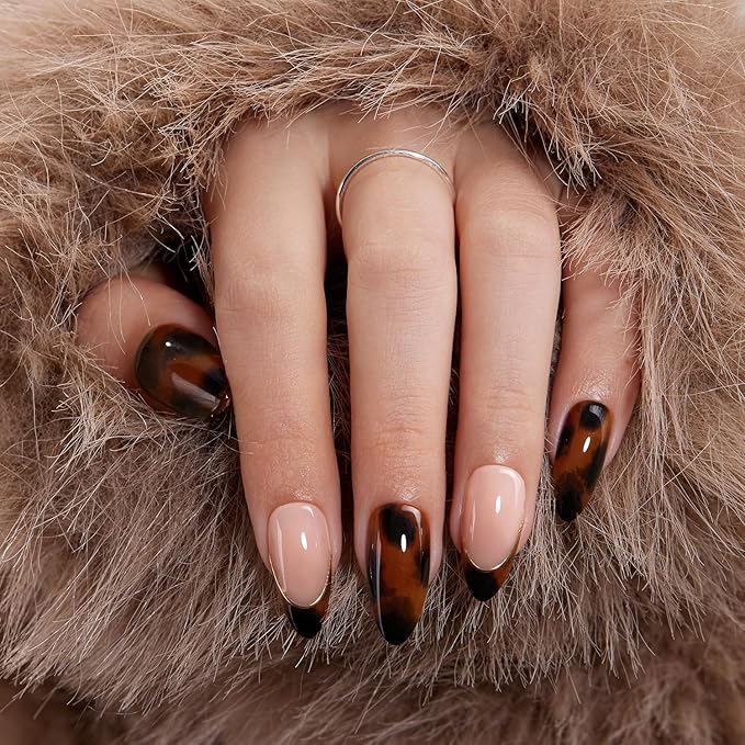 VSALON Press on Nails Medium Almond - Tortoise Shell French Tip Glue On Nails Kit for Women, Opaque Salon Quality Fake Nails - 32 PCS Stick on Nails in 16 Sizes with Glue & Cuticle Oil