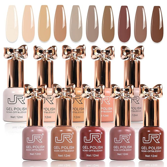 JR Gel Nail Polish 10pcs 0.4oz Nude Brown Gel Polish Color Long Lasting Soak off Gel Polish Nail Art Manicure Salon DIY Nail Gifts for Women B Set