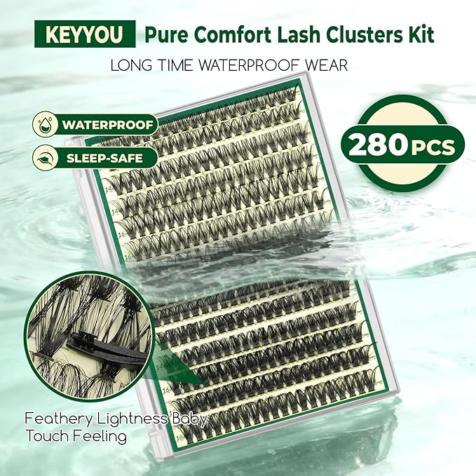 KEYYOU Lash Clusters Kit DIY Lash Extension Kit 280pcs Soft Lash Clusters 60D+80D D Curl Easy to Apply with Bond and Seal Applicator Remover Eyelash Extension Kit at Home(RMkit-60D80D-D-10-18mix)