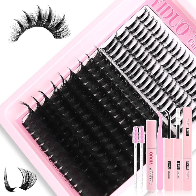 YIDUO Lashes Clusters Kit 200D Volume EyeLash Clusters with Spikes 12-20MM D Curl Manga Wispy Lashes Extensions Kit 230pcs Thick Individual DIY Lashes Clusters with Bond and Seal Tweezers Removers