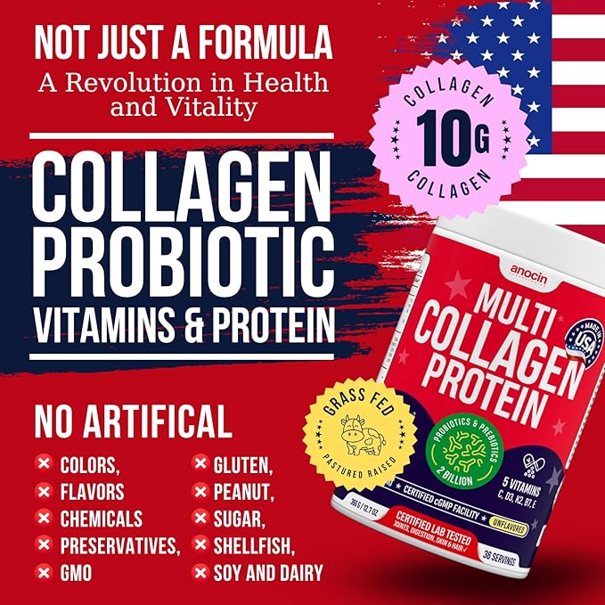 Multi Collagen Peptides w/Prebiotic + Probiotics + Type I, II, III, V, X + Hydrolyzed Collagen Powder w/Vitamin C+D3+B7+K2+E Hyaluronic Acid, Supports Skin Hair Nail Joint, Grass-Fed, Non-GMO (2)